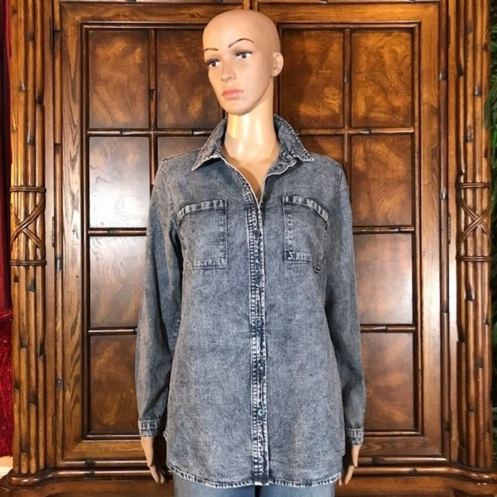 Joan Rivers Blue Stone Wash Button Down 100% Cotton Denim Shirt